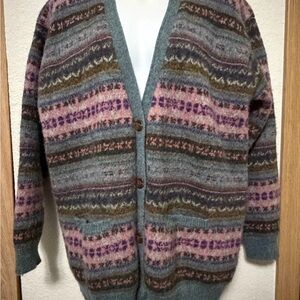 Vintage Eddie Bauer Womens Medium Wool Knit Fair Isle Cardigan Sweater Rainbow